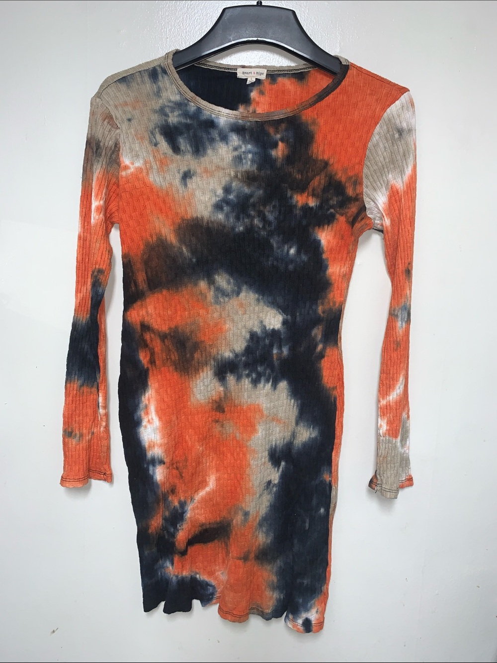 Heart Hips Ribbed Tie-Dye Long Sleeve Bodycon Dress in Orange, Black & Cream
